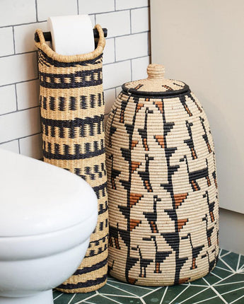Ghanaian Hand Woven Tubular Toilet Roll Holder 'Geometric'-Storage Basket-AARVEN