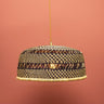 Ghanaian handwoven rattan ceiling lightshade with checkerboard crosshatch pattern