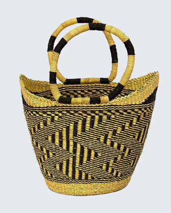 Ghanaian Medium Bolga Shopping Basket With Handles 'Black & Natural Zig Zag'-Shopping Basket-AARVEN