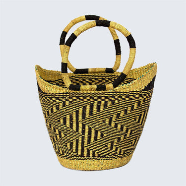 Ghanaian Medium Bolga Shopping Basket With Handles 'Black & Natural Zig Zag'-Shopping Basket-AARVEN