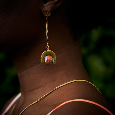 Ghanaian Pendulum Drop Earrings 'Orange and Blue Floral'-Earrings-AARVEN