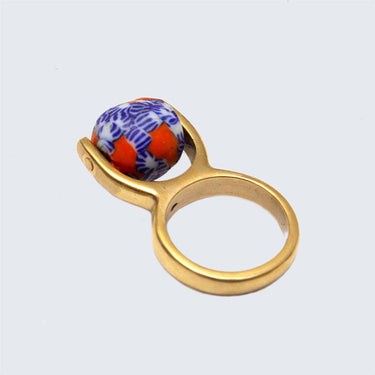 Ghanaian Pendulum Ring 'Orange and Blue Floral'-Ring-AARVEN