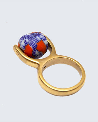 Ghanaian Pendulum Ring 'Orange and Blue Floral'-Ring-AARVEN