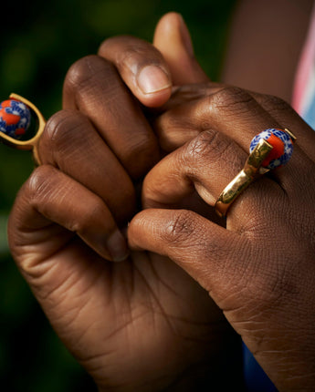 Ghanaian Pendulum Ring 'Orange and Blue Floral'-Ring-AARVEN