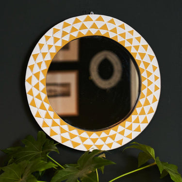 Ghanaian Sun Small Round Mirror 'Mustard and White'-Mirror-AARVEN