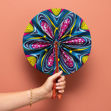 Ghanaian Wax Cotton & Leather Fan 'Pomegranate'-Fan-AARVEN