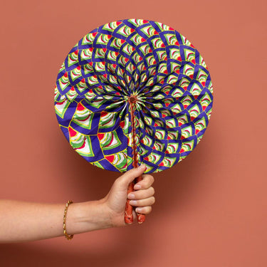 Ghanaian Wax Cotton & Leather Fan 'Samaki'-Fan-AARVEN