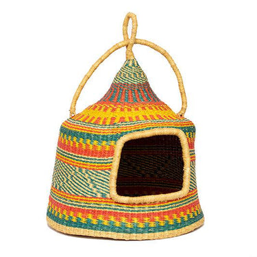 Ghanaian Woven Cat Basket Bed 'Blue Pyramids'-Pet Bed-AARVEN