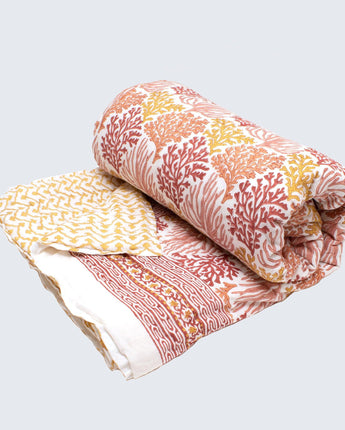 Indian Kantha Single Sized Quilt 'Coral Reef'-Bedding-AARVEN