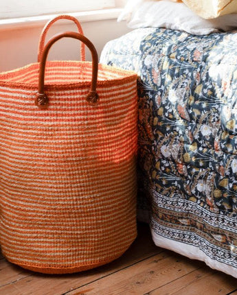 Kenyan Sisal Extra Large Basket with Handles 'Tumeric Stripe'