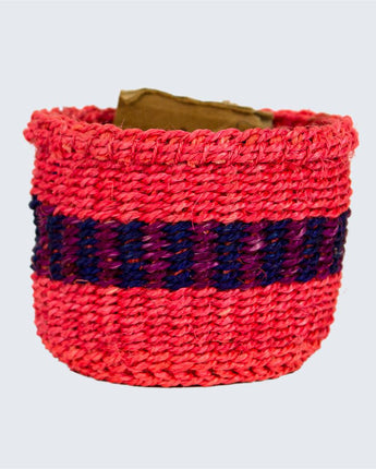 Kenyan Sisal Basket 'Grace Bright Pink with Blue & Purple Stripe' No.164-Storage Basket-AARVEN