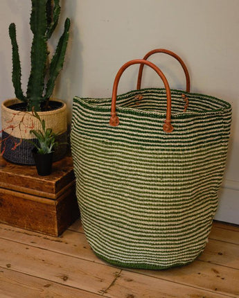 Kenyan Sisal Extra Large Basket with Handles 'Forest Stripe'-Storage Basket-AARVEN