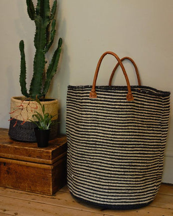Kenyan Sisal Extra Large Basket with Handles 'Monochrome Stripe'-Storage Basket-AARVEN