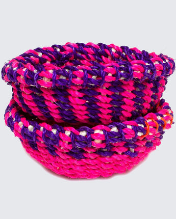 Kenyan Sisal Set Of Two Friendship Baskets 'Neon Pink & Purple'-Storage Basket-AARVEN