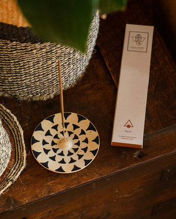Kenyan Soapstone Round Incense Holder 'Black & Natural Floral'-Incense Holder-AARVEN