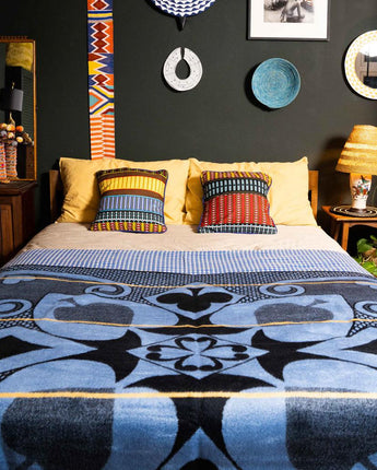 Large Khotso Traditional Basotho Blanket 'Black & Blue Cards'-Blanket-AARVEN