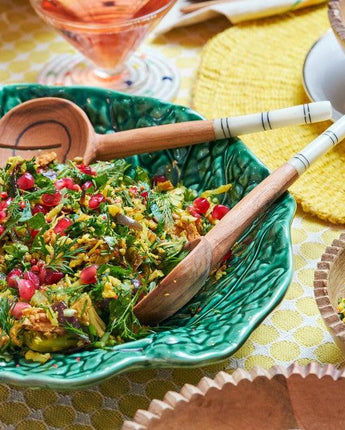 Olive Wood and White Batik Round Salad Servers-Salad Servers-AARVEN
