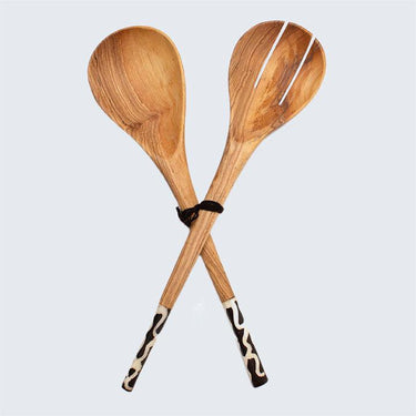 Olive Wood Batik Black and White Salad Servers-Salad Servers-AARVEN