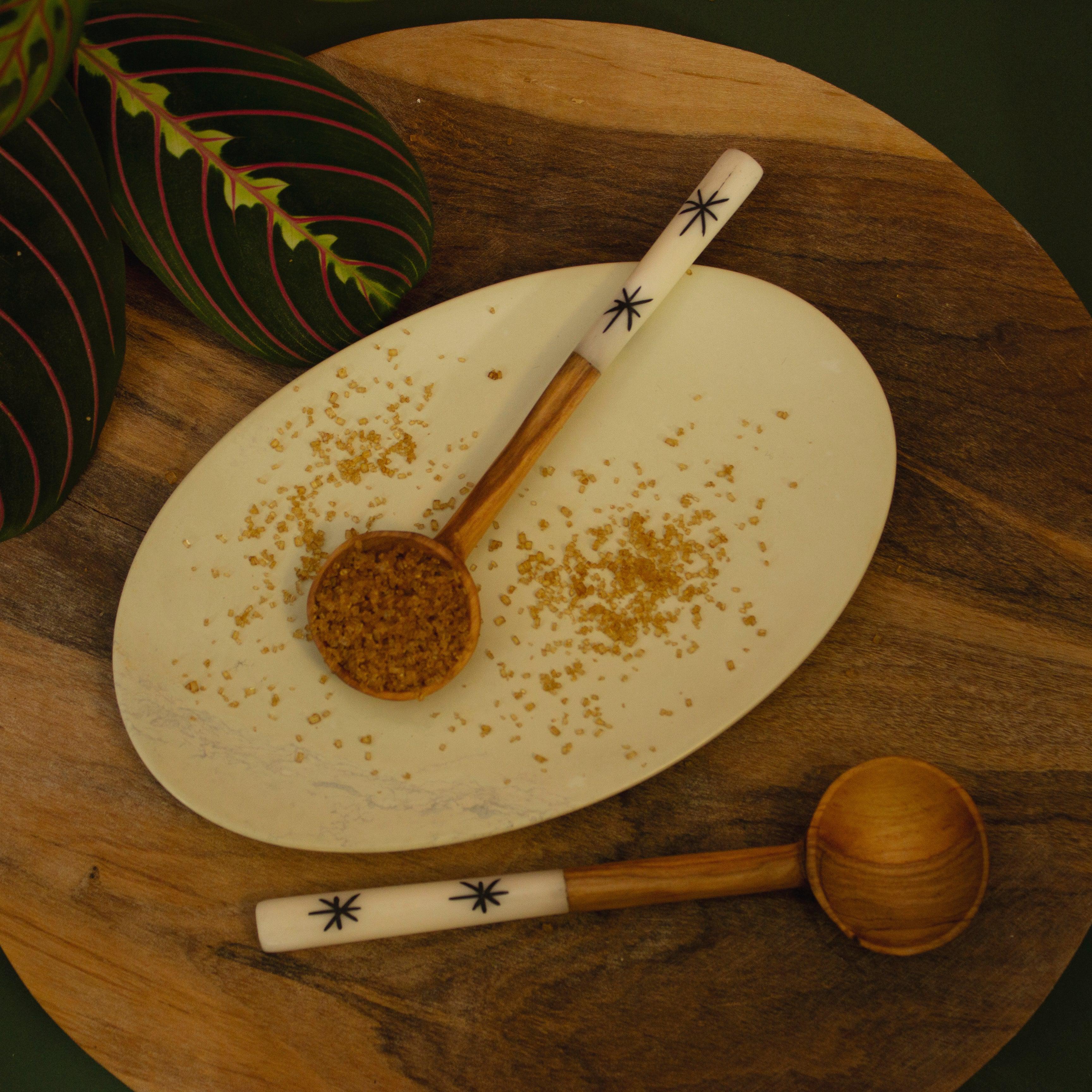 Huger Spoon Olive Wood Sugar Spoon With White Batik Handle - AARVEN