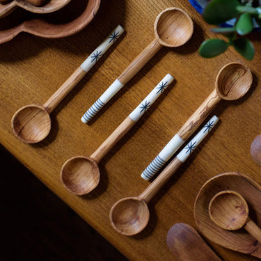 Olive Wood Sugar Spoon With White Batik Handle-Spoon-AARVEN