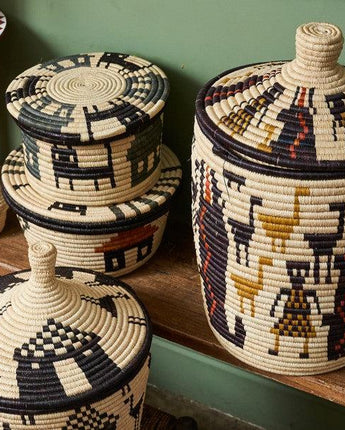 Uganda Craft Collection Lidded Pot 'Houses, Cats & Trees'-Lidded Basket-AARVEN
