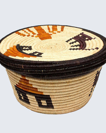 Uganda Craft Collection Lidded Pot 'Houses, Cats & Trees'-Lidded Basket-AARVEN