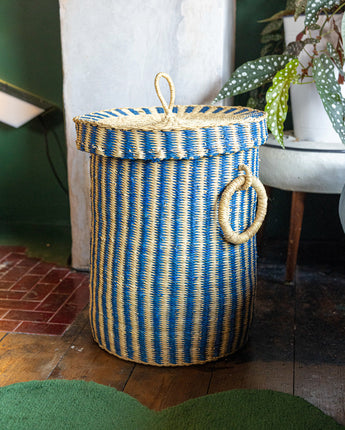 Ethically made lidded laundry basket handwoven by Ghanaian artisans.