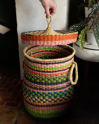 Sustainable laundry basket made in Ghana using eco-friendly materials.