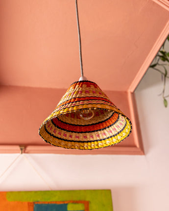 AARVEN Ghanaian Hand Woven Lightshade, cooli light shade in orange, pink, yellow and natural rattan, handmade by artisans in Africa