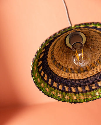 Close up of AARVEN Ghanaian Hand Made Light shade, coolie light shade in blue, green and natural rattan, woven by artisans in Africa