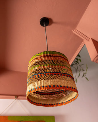 Stylish and sustainable woven ceiling shade handcrafted in Ghana.