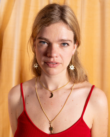 AARVEN Lucky Star Earrings handcrafted from recycled brass with a celestial motif.