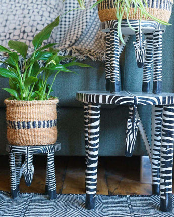 Wooden Zebra Hand Carved & Painted Stool/Pot Stand 'Large'-Stool-AARVEN