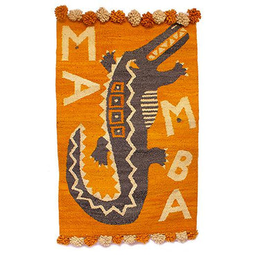 Kenyan tapestry art wall rug with grey and cream crocodile motif